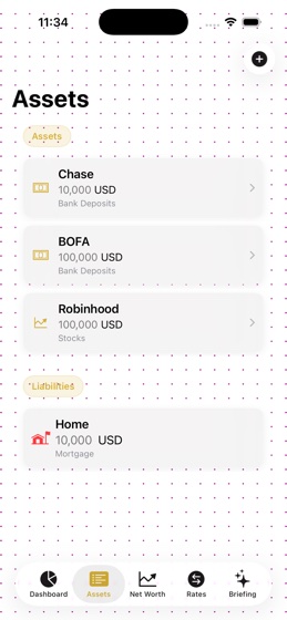 Wealth Map assets screen showing bank deposits, stocks, and liabilities