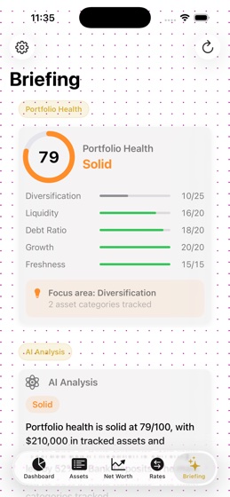Wealth Map briefing screen showing portfolio health