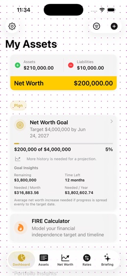 Wealth Map dashboard showing assets, liabilities, net worth, and goals